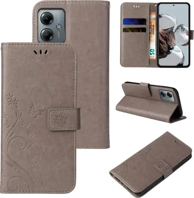 Produktbild von Handyhülle für Motorola Moto G14 Floral Blumen Schmetterling Flip Cover Hülle Case Klapphülle Handytasche Farbe: Grau