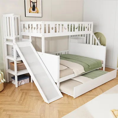Productafbeelding van STILVORA Etagebed 90x200 & 140x200, stapelbed, tweepersoonsbed, kinderbed met valbeveiliging, jeugdbed met lattenbodem en uitschuifbed, wit (zonder matras)