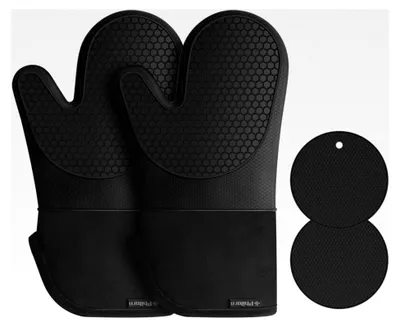Produktbild von Silikon Ofenhandschuhe und 2 Topflappen, hitzebeständig bis 230 °C, Universalgröße für Kochen, Backen und Grillen (Schwarz)