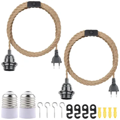 E27 Lampenfassung Vintage 2er-Set, 4,5 m Hanfseil, mit Schalter