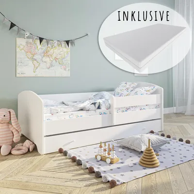 Obrázek produktu pro Dětská postel 80x160 cm s matrací a zásuvkou, ochranou proti vypadnutí a roštovým rámem v bílé barvě kompletní postel pro mládež jednolůžko dřevo chlapec dívka
