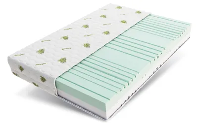 A cross-section of a mattress is shown, revealing its layered foam construction and aloe vera-infused cover.
