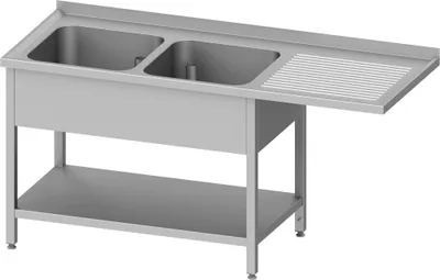 Produktbild von Spültisch mit Grundboden, und Überstand, 1600x600x900 mm, mit zwei Becken links, mit Aufkantung, verschweißt