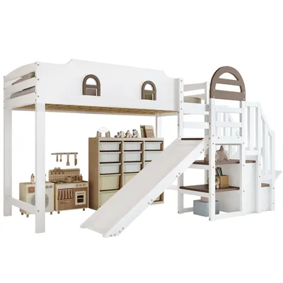 Produktbild von Hochbett mit Lattenrost, Treppe, Regal und Rutsche, 90x200 cm, Kinderbett mit Rausfallschutz, Kiefer