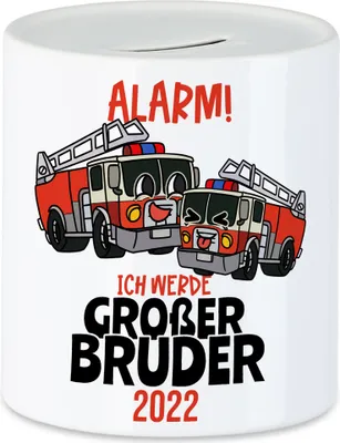 Produktbild von Ich Werde Großer Bruder 2022 Spardose Ankündigung Schwangerschaft Feuerwehr-Auto Alarm Babynews