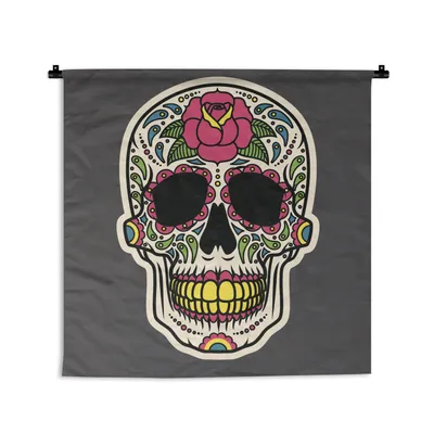 Produktbild von MuchoWow® Wandteppich Wandbehang Eine bunte Illustration eines Dias De Los Muertos-Schädels 90x90 cm Tapisserie Dekoration Wandtuch - Wandaufhänger