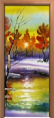 Produktbild von Türposter 80x200 cm Türaufkleber Türtapete Türfolie Klebefolie See im Wald Aquarell Landschaft