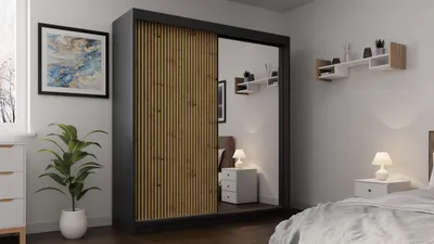Image de Armoire à deux portes avec lamelles VOID, armoire à portes coulissantes et miroir, armoire à deux portes (couleur : noir, largeur : 200 cm)