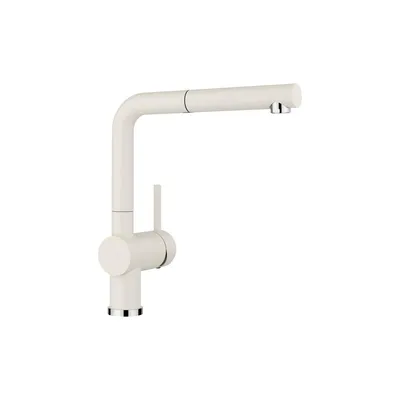 A studio shot of a white kitchen faucet against a white background.
