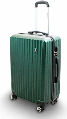 A green hard-shell suitcase with a telescopic handle and wheels, presented against a white background.