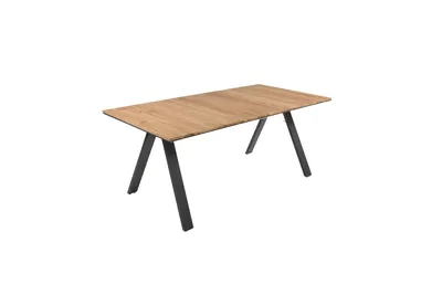 A wooden table with black legs on a white background.