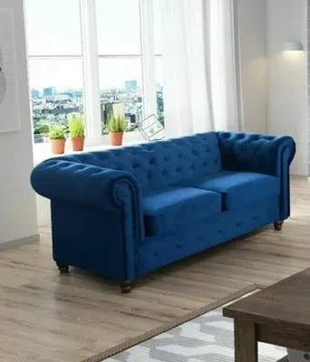 Produktbild von Easy4You Chesterfield Blauer Plüsch Velvet 2-Sitzer Sofa 183x74x88 cm Sofas für Wohnzimmer Sofagarnituren mit Holzfüße Set Sofas & Couches