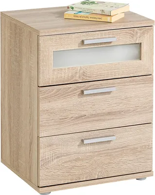 Produktbild von Nachttisch Nachtschrank Nachtkommode MARY für Boxspringbett, 45 x 53 x 38 cm, in Sonoma Eiche und 3 Schubladen, oberste mit Glaseinsatz