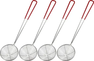 Produktbild von [ 4x ] Fondue-Sieb Ø 7,5cm L 29cm, silberfarben mit rotem Griff, Sieblöffel für Feuertopf, Mongolentopf