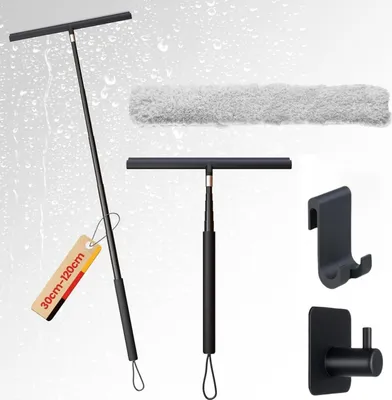 Image de Raclette de douche noir manche télescopique 29-120cm salle de bain nettoyer les fenêtres silicone inox poignée antidérapante