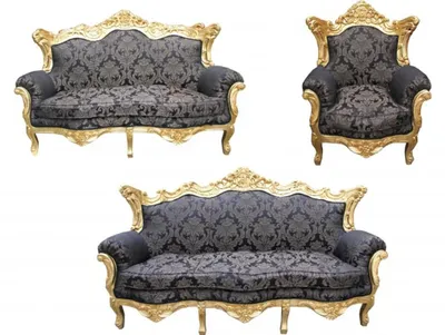 Produktbild von Casa Padrino Barock Wohnzimmer Set in Schwarz mit Muster und Gold, 3er Sofa, 2er Sofa und 1 Sessel
