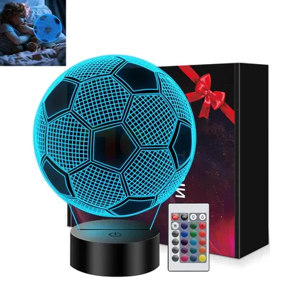 A child is shown in bed with a glowing soccer ball lamp. The main image shows the soccer ball lamp with a remote control and a gift box.