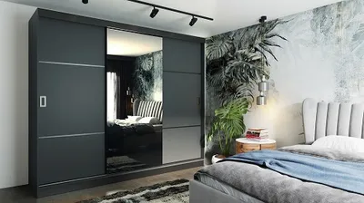 Produktbild von FurMeb24 Schiebetrenschrank RETRO 3 -200x205cm Kleiderschrank mit Spiegel, 3-triger Schiebeschrank (Graphit Antrazit /Graphit Aantrazit + Spiegel und Beschl€ge)