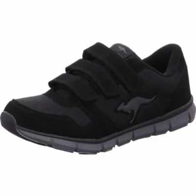 A black KangaROOS men's sneaker with dark gray accents and a dark gray sole, shown from a side angle against a white background.