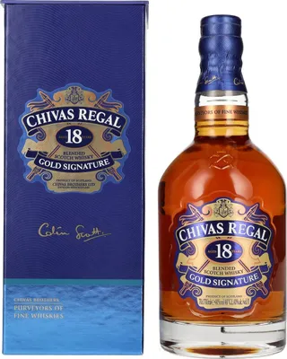 A bottle of Chivas Regal 18 Year Old Gold Signature Blended Scotch Whisky and its accompanying gift box are displayed side-by-side against a white background.