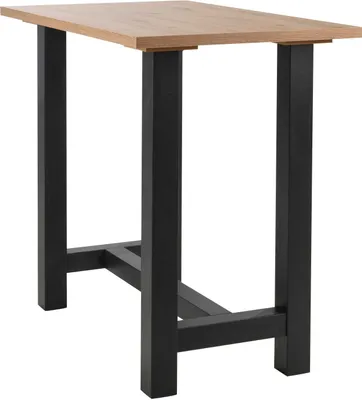 A product shot of a bar table with a wooden top and black legs.
