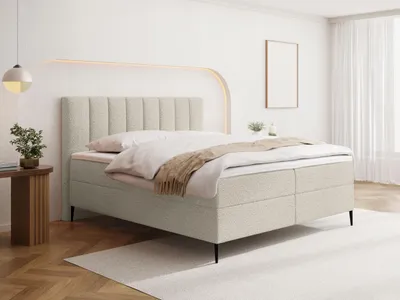 Produktbild von Boxspringbett mit Bettkasten – Polsterbett 140 x 200 cm mit H4 Taschenfederkern 7-Zonen Matratze & 5 cm Topper – Stauraumbett mit hohem Kopfteil & Metallfüße – Boucle Beige