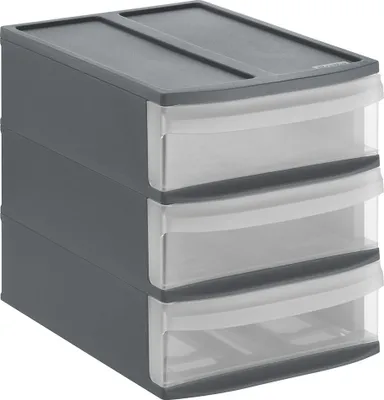 A three-drawer storage unit.