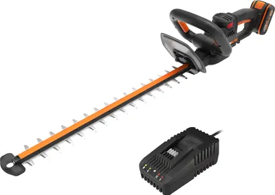 A cordless hedge trimmer and its charger are displayed against a white background.