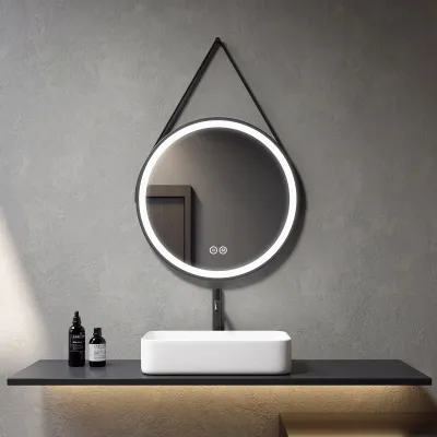 Produktbild von Heilmetz Runder Badezimmerspiegel 70cm Schwarzer Rund Gürtel hängend LED Badspiegel 3 Farben Beleuchteter Runder Spiegel (6500K-4000K-3000K)