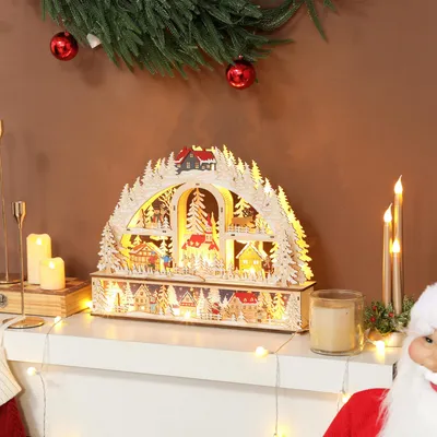 Produktbild von Sweiko Weihnachtsdorf mit LED-Leuchtung, 45 cm Weihnachtsstadt mit Schneemann, Renntier und Bäume Naturholz