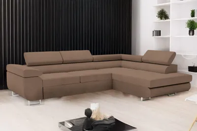 Produktbild von GOLDSTOFF VENUS Ecksofa mit Schlaffunktion und Bettkasten 275x202 cm – Modern und zuverlässig Schlafsofa L-Form mit verstellbare Kopfstützen (braun)