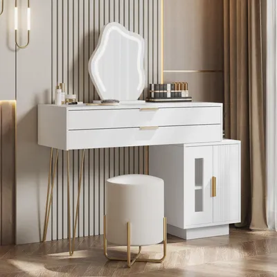 Produktbild von okwish Schminktisch Kosmetiktisch set Mit LED-beleuchtetem Spiegel -ausziehbarem Design, (ohne Hocker)B100/H78/T40 cm