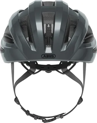 The back view of a gray bicycle helmet.