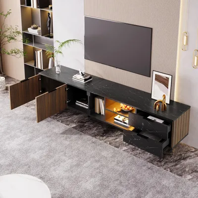 Produktbild von STILVORA Lowboard mit LED-Beleuchtung,TV-Schrank TV-Regal mit Schubladen&Holzmasertüren,TV-Board Fernsehschrank mit Glasboden,Natur+Schwarz