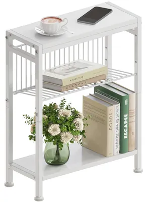 Produktbild von Schmaler Beistelltisch mit 3 Ablagen und Zeitschriftenhalter Weiß 18x43x56.5 cm