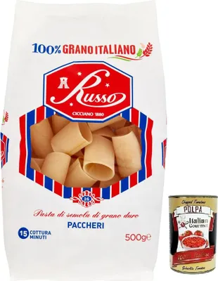 Produktbild von Russo Paccheri N°26 Hartweizengrieß Pasta,100% Italienischer Weizen,500g-Packung + Italian Gourmet Polpa di Pomodoro 400g Dose