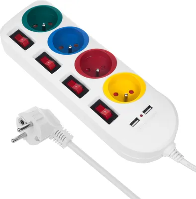 Produktbild von Maclean MCE229 Steckdosenleiste, 4-Steckdosen-Verlängerungskabel + 2xUSB, mit Schalter, 250VAC/10A, 2,1A 5V, 1,5m weiß