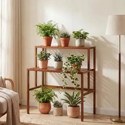 Immagine prodotto di Scaffale per piante in bambù HWC-Q34, scala per fiori, supporto per fiori, scala per piante, 2 ripiani 100x90x50 cm ~ marrone