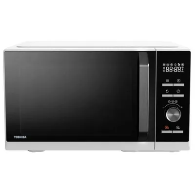 A white Toshiba microwave oven is displayed against a white background.