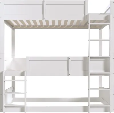 Produktbild von Dreibettzimmerbett 90x200cm Hochbett (Ohne Matratze) Holzbett Etagenbett Jugendbett Massivholzlatten Hohes Zaundesign Kinderbett Weiß