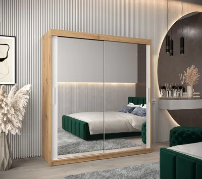 Produktbild von Schwebetürenschrank mit einer Breite von 180 cm TIMEA 3 – Eiche Artisan / Weiß
