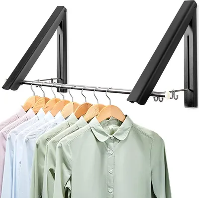 Produktbild von Klappbar Wand Kleiderständer 2 Stück Platzsparend Aluminium Kleiderhaken mit Stange und Kleiderbügel Haken Halter für Schlafzimmer Badezimmer Balkon Indoor Outdoor (Schwarz)