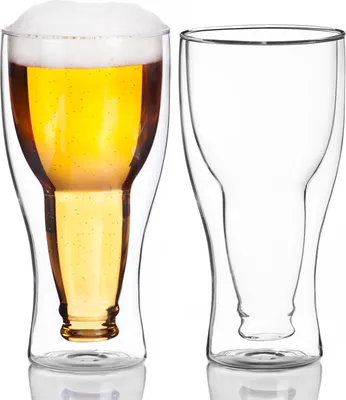Produktbild von 2er Set Doppelwandiges Bierglas Inside Out 330ml - Thermoglas mit umgedrehtem Flaschen-Design - Isolierglas für kühles Bier & Getränke