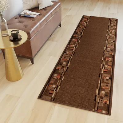 Produktbild von Läufer Teppich Meterware Flur Brücke Wohnzimmer Schlafzimmer Kurzflor Modern Design Rutschfest Braun Orange Vierecke Figuren Küche 67 x 1050