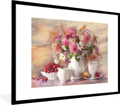 Produktbild von MuchoWow® Gerahmtes Poster Gemälde - Blumen - Vase - Ölfarbe 80x60 cm - Poster mit Schwarzem Bilderrahmen Wandposter Rahmen Foto Bilder - Schlafzimmer-Dekorationen - Fotoposter