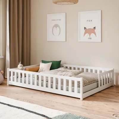 Produktbild von Kinderbett Bodenbett mit Rausfallschutz Lattenrost und Matratze Montessori Bett Bed Gitterbett Kinder Jugendbett Einzelbett | 140x200 cm | Weiß