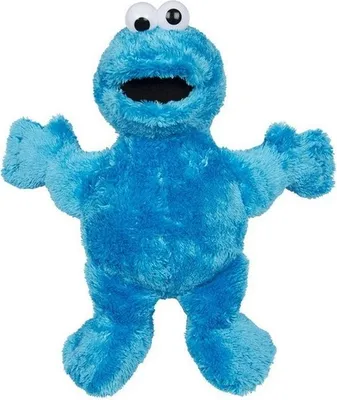 A plush toy of Cookie Monster from Sesame Street is shown against a white background.