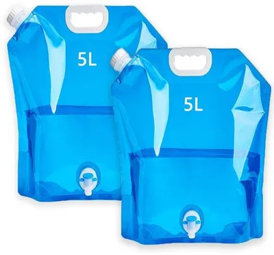 Imagen del producto de Uniqoos® Set de 2 bidones portátiles plegables de 5 litros – fabricados en polietileno apto para alimentos, libres de BPA, inodoros, con grifo de 360° y ligeros y compactos, ideales para camping