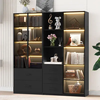 Produktbild von Merax Glasvitrine mit Glastür, Regale, Schubladen, Hochschrank, Stehend Vitrinenschrank für Wohnzimmer Schlafzimmer, 140x40x160cm, Schwarz