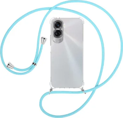 Produktbild von Handykette Backcover-Schutzhülle mit Band (Metall silberfarben) für Honor 90 Lite 5G (6.7'') - himmelblau